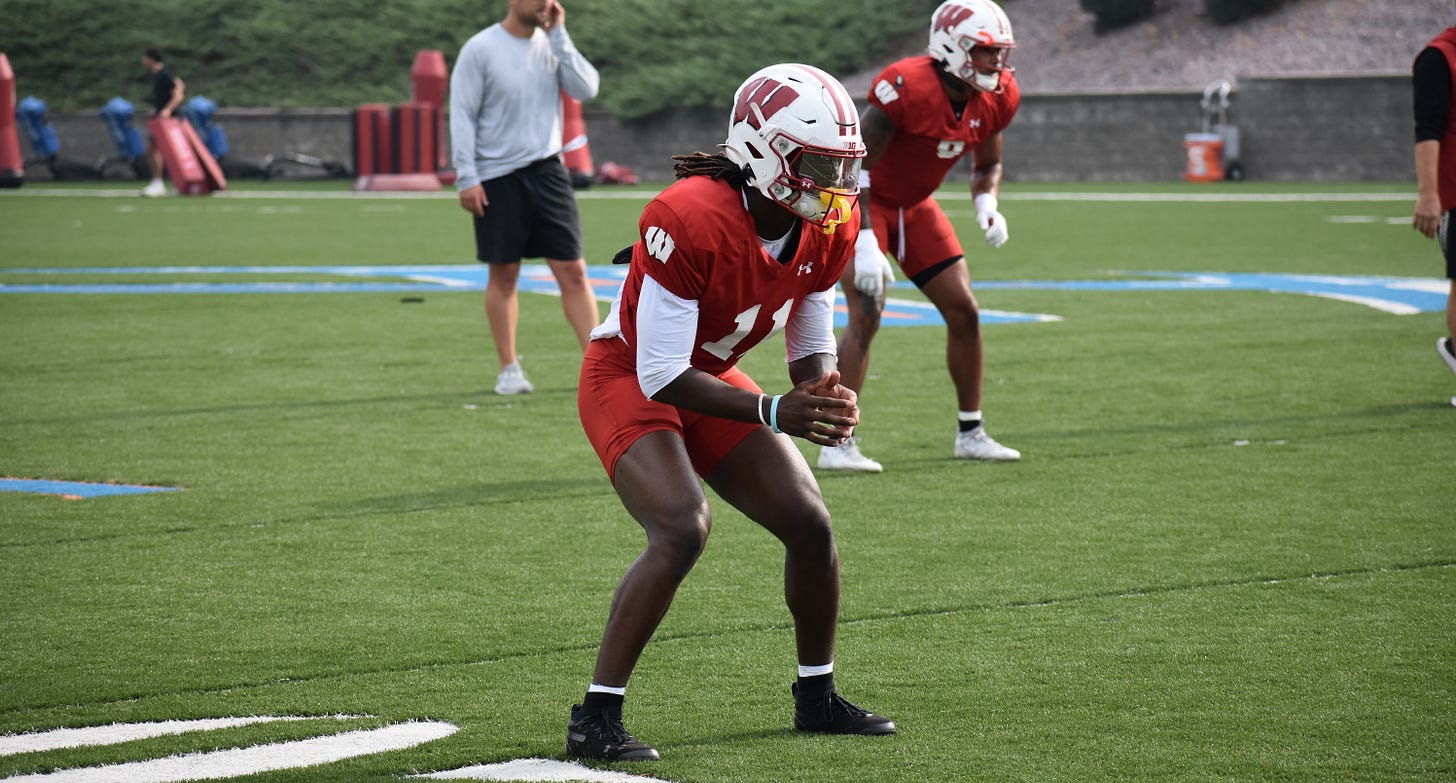 Wisconsin Badgers cornerback Omillio Agard participating in fall camp drills at UW–Platteville Wisconsin Badgers cornerback Omillio Agard participating in fall camp drills at UW–Platteville