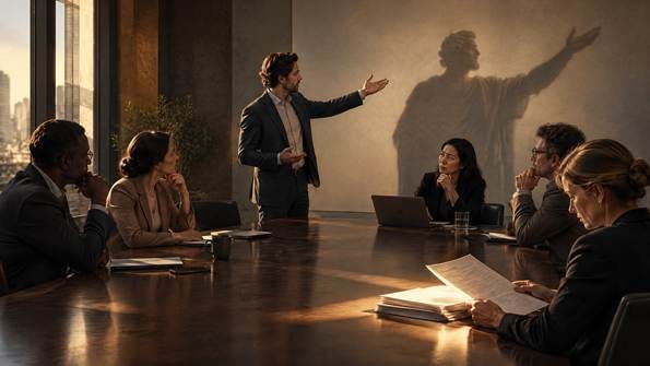 A modern boardroom discussion whose light and shadows subtly evoke an ancient Athenian debate. A modern boardroom discussion whose light and shadows subtly evoke an ancient Athenian debate.
