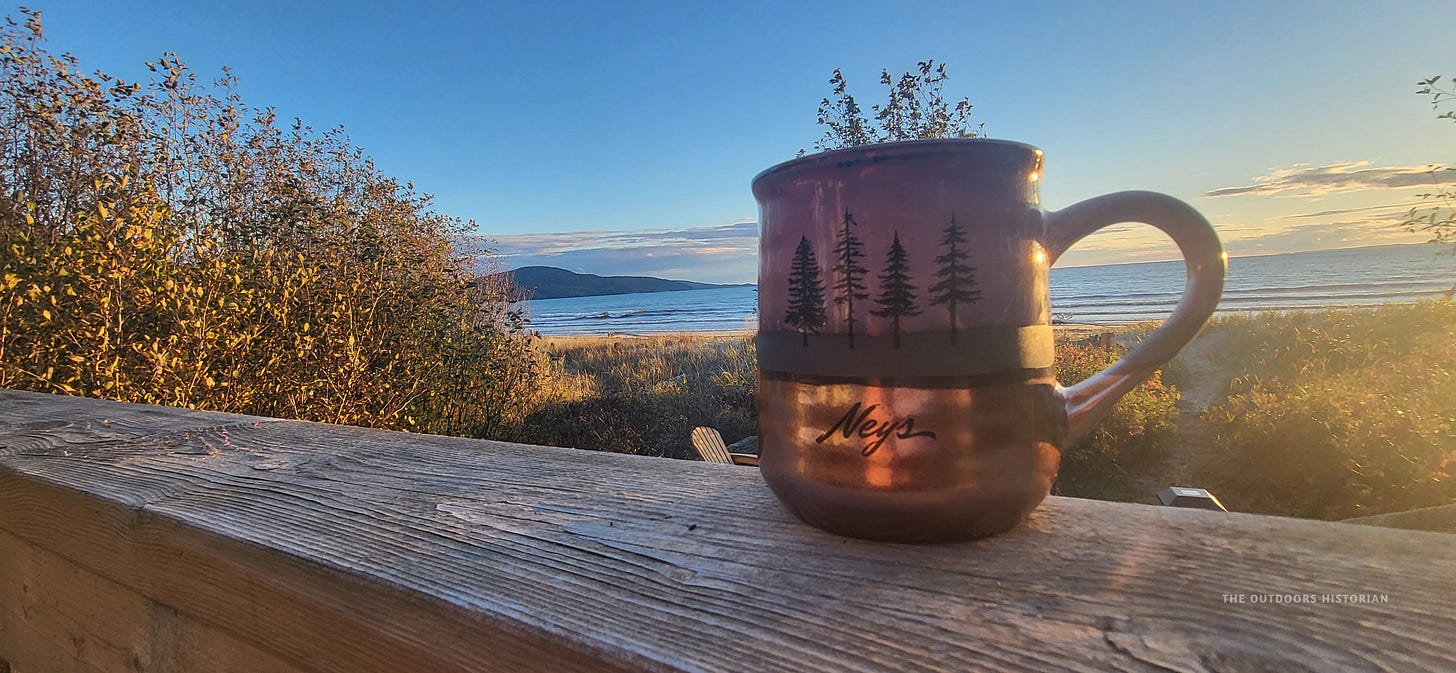 A panoramic view from the Thunder Bay Lookout at Sleeping Giant Provincial Park. To the right, jagged cliffs drop off into a steep talus slope covered in hardy green vegetation. To the left, the vast, deep blue expanse of Lake Superior meets the horizon under a bright sky.