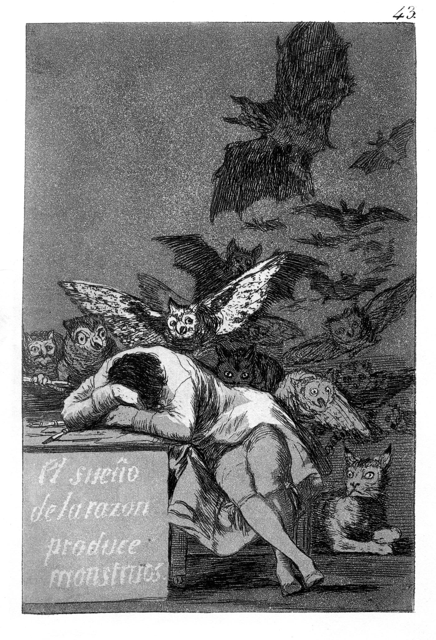 Goya asleep at his desk surrounded by owls and bats Goya asleep at his desk surrounded by owls and bats