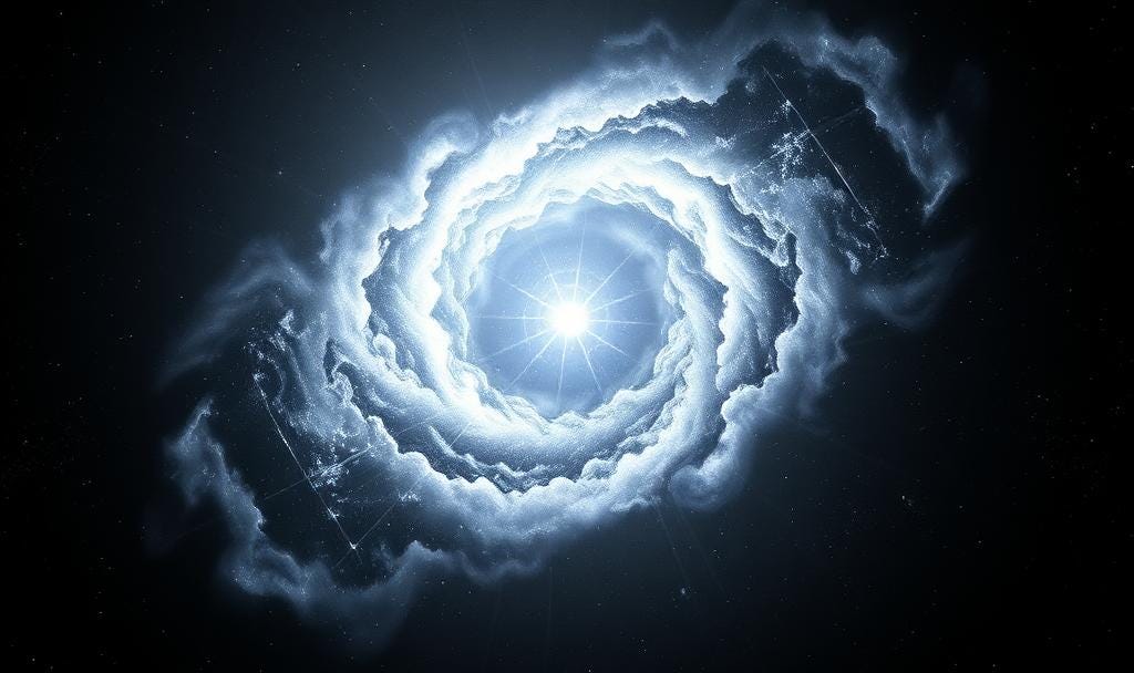 Abstract cosmic vista: Ordered nebula structure with geometric lines, symbolizing uncaused, self-sustaining existence (The Absolute Philosophy thesis).