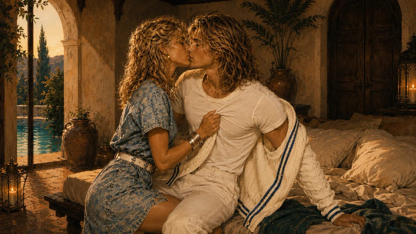 Carol kisses Andrea on a divan beside an open poolside archway, gripping his white T-shirt as warm evening light fills the room.