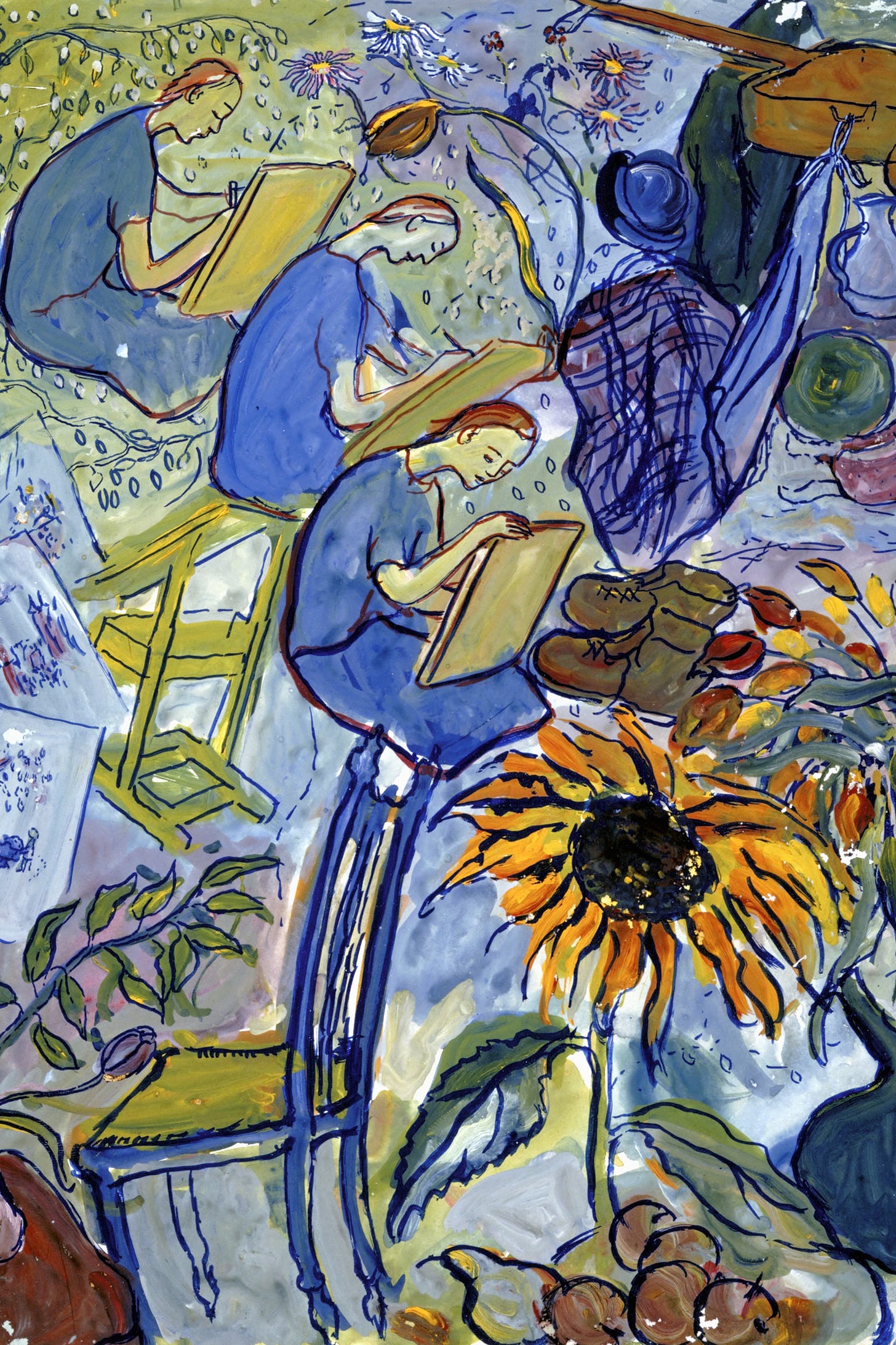 Gouache of a young woman with reddish hair, shown three times bent over a drawing board, among a large sunflower, leaves, a pair of shoes and fruit, in blue, yellow and orange. Gouache of a young woman with reddish hair, shown three times bent over a drawing board, among a large sunflower, leaves, a pair of shoes and fruit, in blue, yellow and orange.