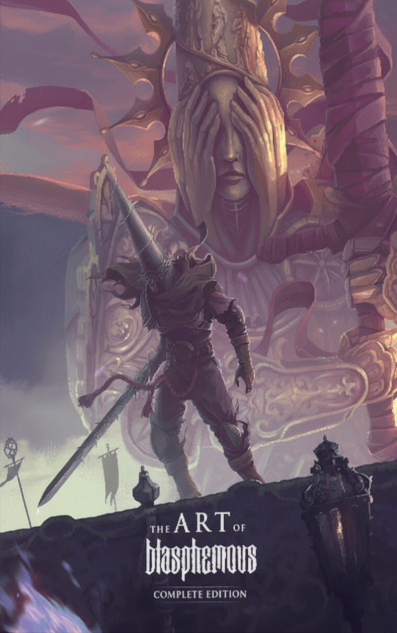 Cover of The Art of Blasphemous: Complete Edition featuring a lone armored figure with a tall, conical helmet and massive sword standing before a towering, ornate statue of a veiled figure covering its eyes. The scene is bathed in moody purples and golds, evoking a dark, gothic atmosphere filled with religious and surreal symbolism. Cover of The Art of Blasphemous: Complete Edition featuring a lone armored figure with a tall, conical helmet and massive sword standing before a towering, ornate statue of a veiled figure covering its eyes. The scene is bathed in moody purples and golds, evoking a dark, gothic atmosphere filled with religious and surreal symbolism.