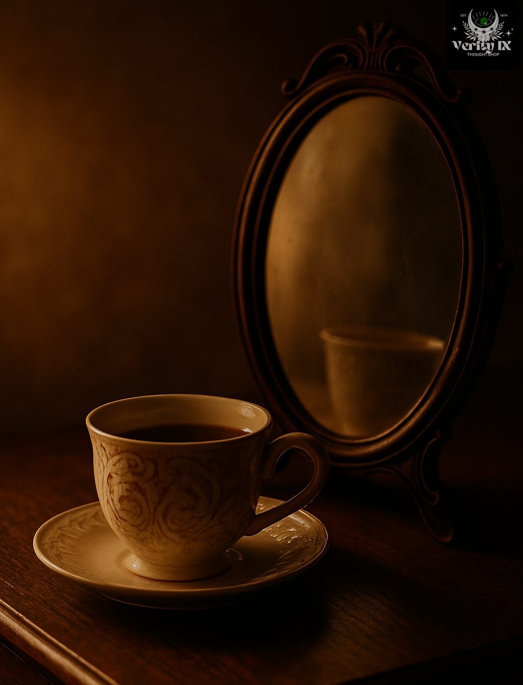 teacup atop a wooden table in front of an antique mirror