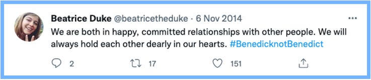 Bea Tweets: We are both in happy, committed relationships with other people. We will always hold each other dearly in our hearts. #BenedicknotBenedict