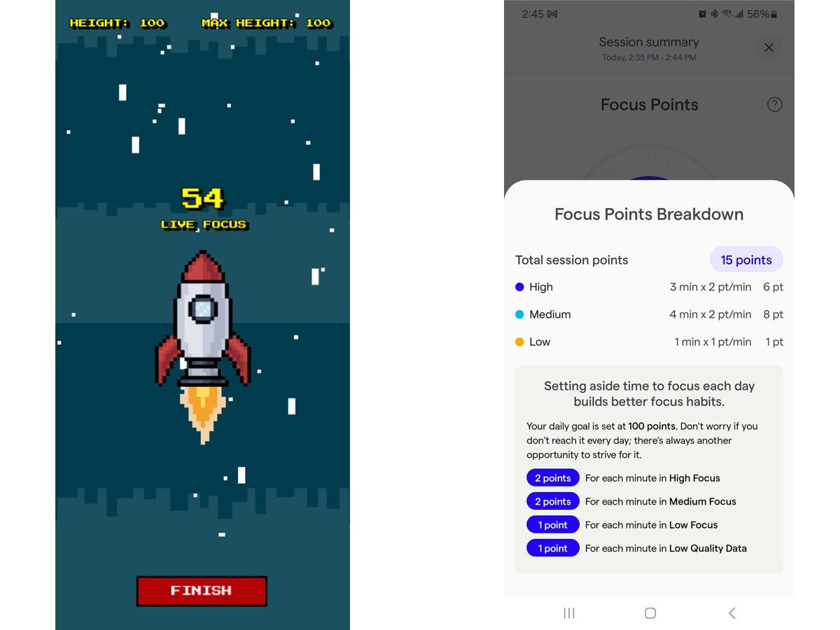 A side-by-side image with screenshots from the Neurable app that shows a focus-tracking game with a rocket ship and a point breakdown for focus sessions.