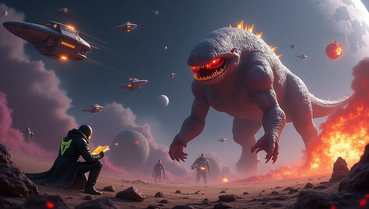 A dramatic and intense battle rages in the depths of space as intergalactic pest controllers, clad in sleek silver and neon-green armor, clash with colossal alien space monsters, their slimy, iridescent scales and tentacles glistening in the light of nearby stars. The background is a stunning vista of planets, moons, and distant stars, with swirling clouds of purple and crimson gas. Explosions erupt throughout the scene, sending shards of debris hurtling in all directions, while laser blasts and energy beams crisscross the chaos. In the foreground, a space philosopher in a force field absurdly sits calmly reading and risks being devoured. The space monsters, with their glowing red eyes and razor-sharp teeth, tower over the pest controllers' ships, which are emblazoned with bold, metallic logos. In the heart of the battle, a massive, flaming asteroid tumbles through the fray, threatening to engulf everything in its path. A dramatic and intense battle rages in the depths of space as intergalactic pest controllers, clad in sleek silver and neon-green armor, clash with colossal alien space monsters, their slimy, iridescent scales and tentacles glistening in the light of nearby stars. The background is a stunning vista of planets, moons, and distant stars, with swirling clouds of purple and crimson gas. Explosions erupt throughout the scene, sending shards of debris hurtling in all directions, while laser blasts and energy beams crisscross the chaos. In the foreground, a space philosopher in a force field absurdly sits calmly reading and risks being devoured. The space monsters, with their glowing red eyes and razor-sharp teeth, tower over the pest controllers' ships, which are emblazoned with bold, metallic logos. In the heart of the battle, a massive, flaming asteroid tumbles through the fray, threatening to engulf everything in its path.