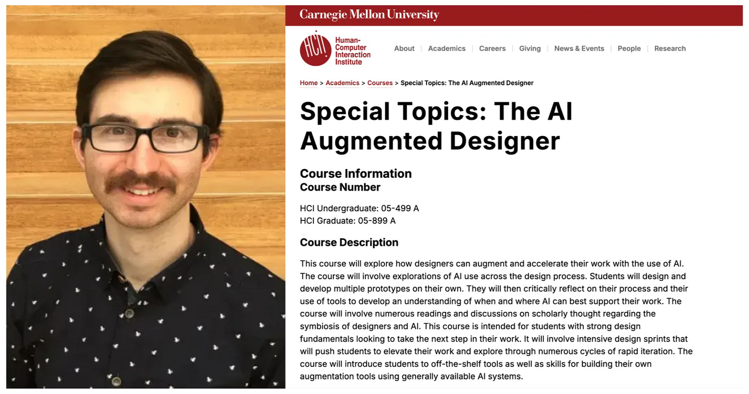 left: Headshot of Professor Nik Martelaro; Right: description of his new course "The AI Augmented Designer" left: Headshot of Professor Nik Martelaro; Right: description of his new course "The AI Augmented Designer"