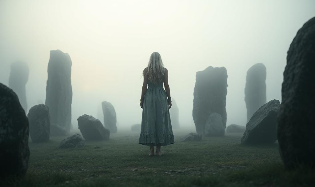 Early dawn in a circle of sarsen stones, in thick grey mist. A blurred figure of a girl stands in the distance among the stones with her back to us, barefoot, faded long grey dress that blends with the mist. She has long, silvery hair.