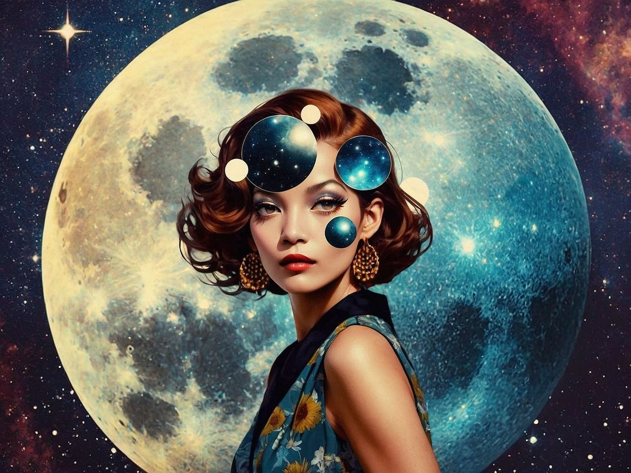 A surreal image of a woman with space emerging around her, she is at the heart of the formation of galaxies 