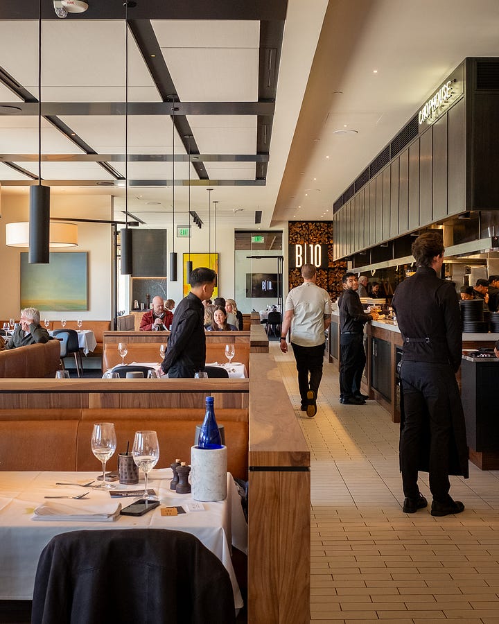 Photos of interior of Broadway 10 Bar & Chophouse and scallop dish