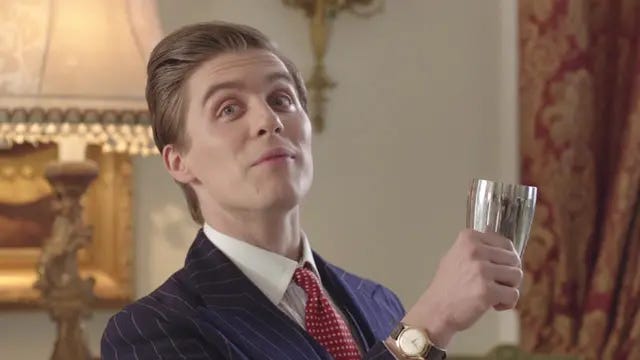 Fake actor Rodney Bostock (Jason Preistly) + the fictional drink Death Comes For the Archbishop