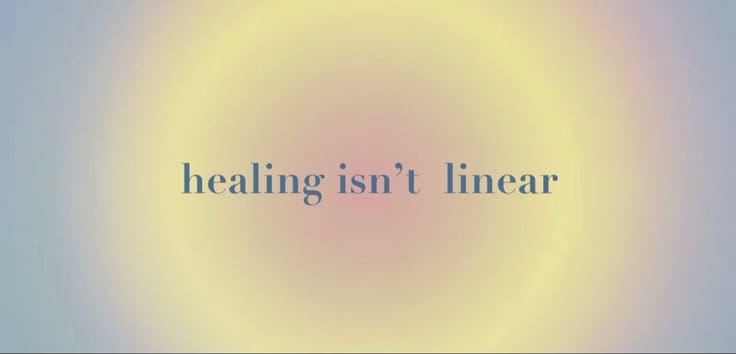 This may contain: the words healing isn't linear are shown in blue and yellow