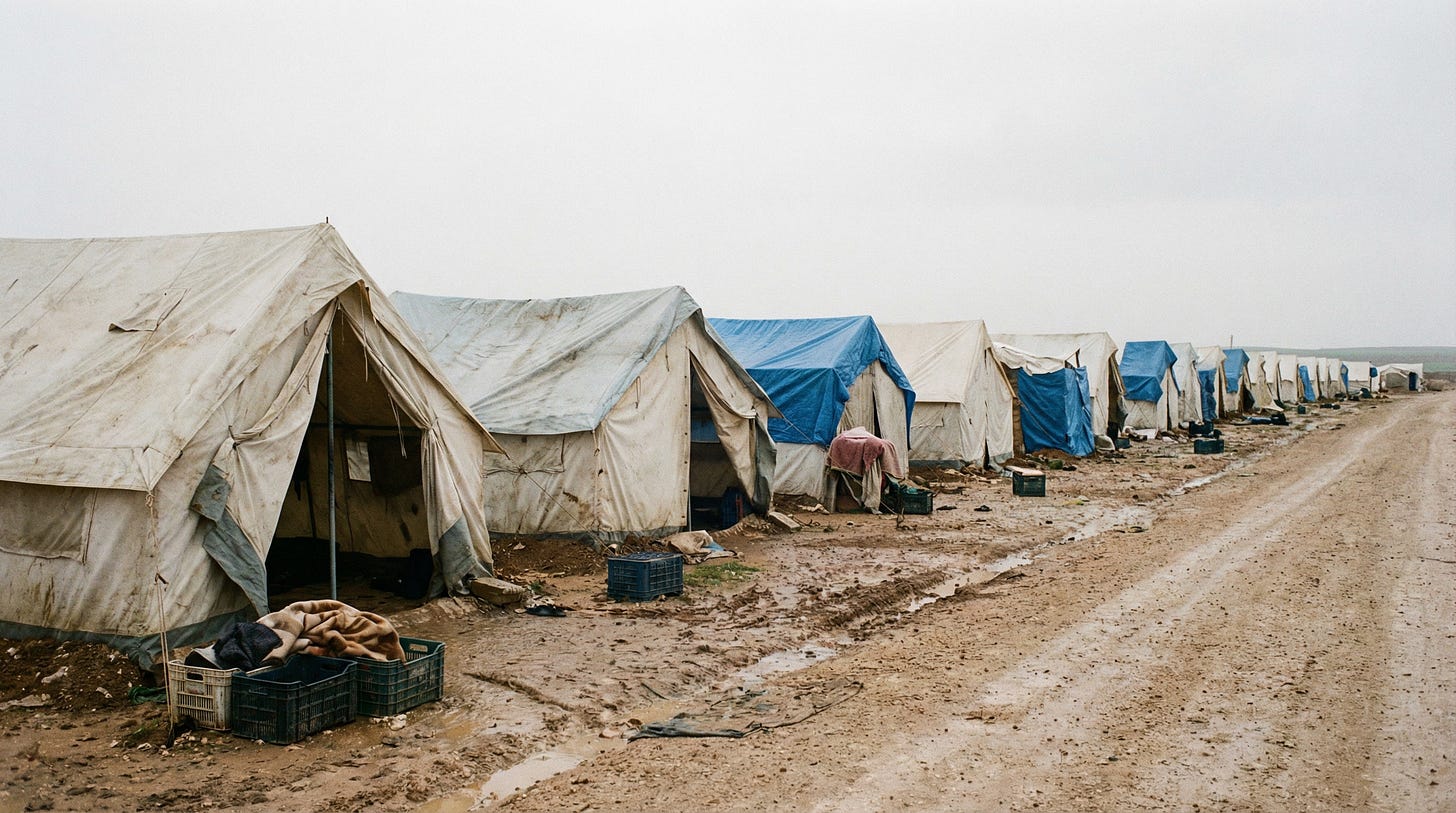 AI-generated illustration of a long row of temporary refugee tents in a camp, symbolizing massive scale of internal displacement.