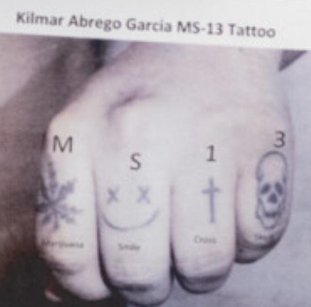 trump posts photo of Abrego Garcia's "MS13 tattoos" (that don't spell  M-S-1-3 and no court dox mention them) : r/WhitePeopleTwitter