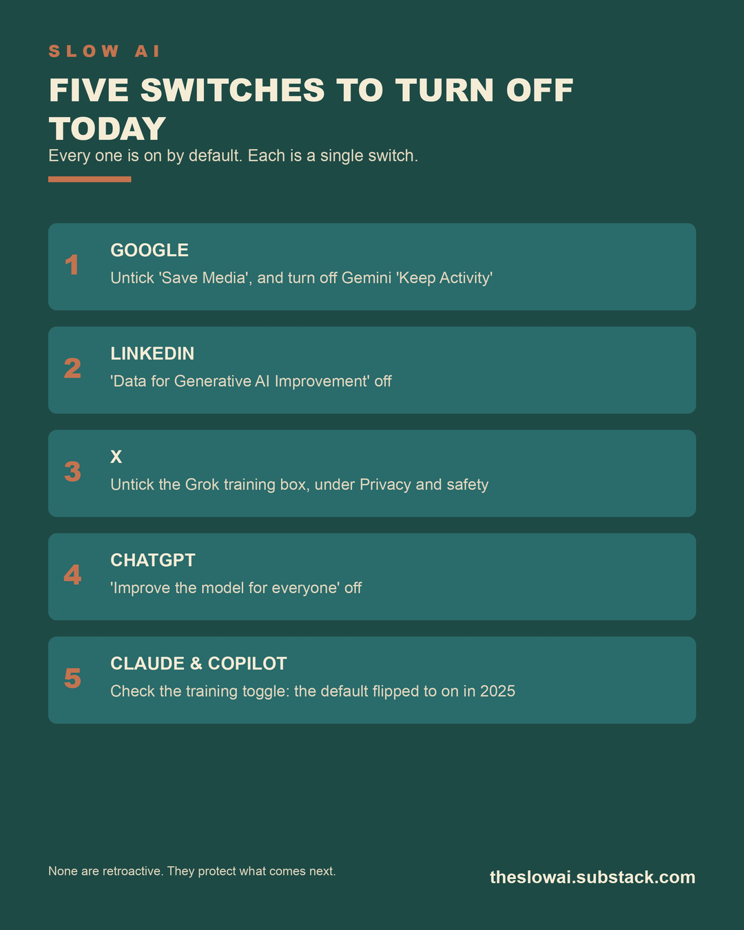Five switches to turn off today, by platform Five switches to turn off today, by platform