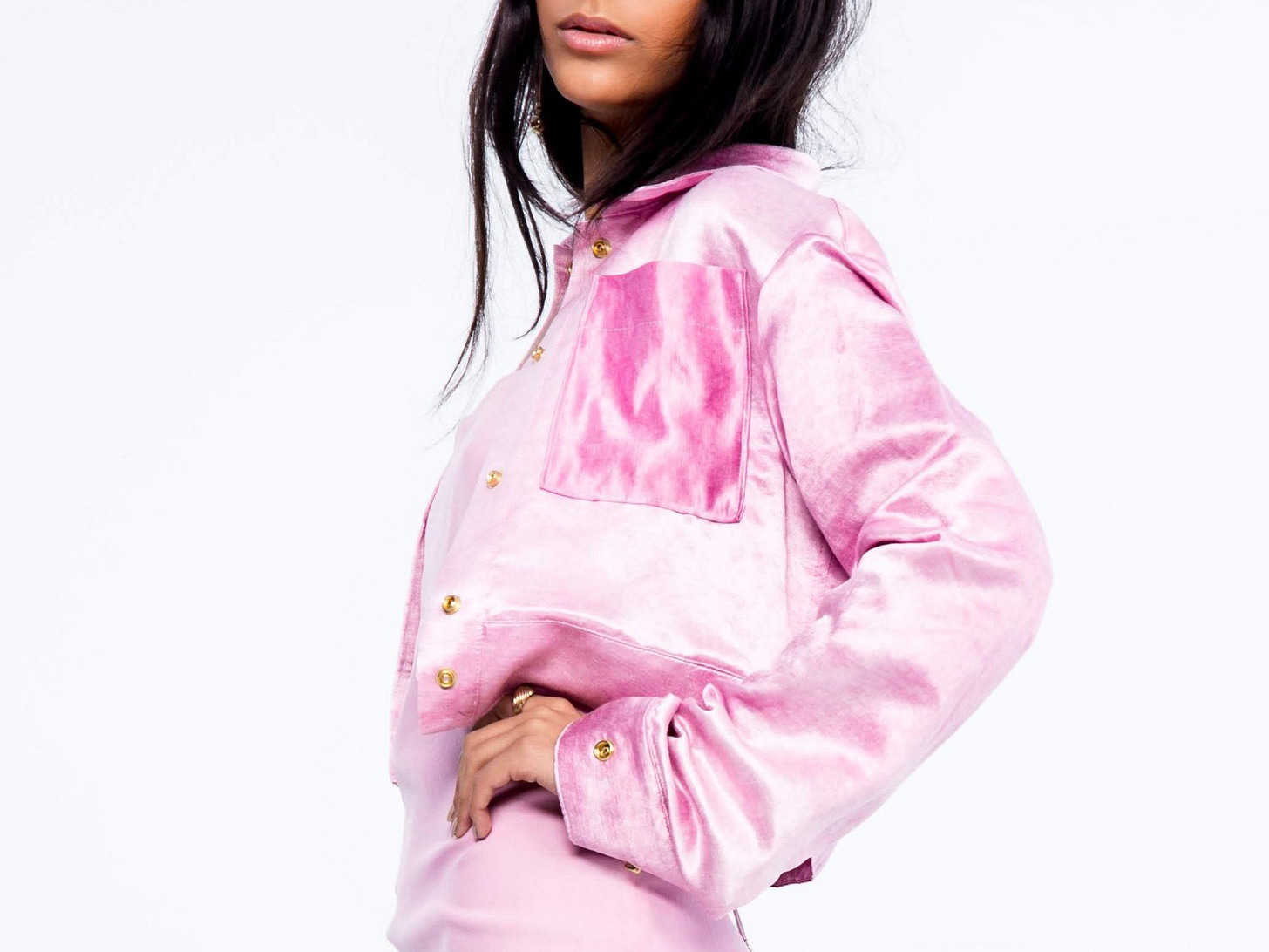 Pink jean-style jacket made from hemp and silk.