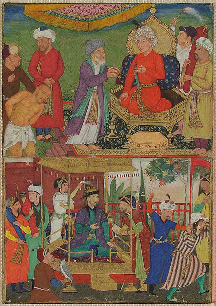 "Two Illustrations from the “Gulistan” of Sa’di (mounted together): Judgement of a Prisoner (above), and A Liar Exposed at Court (below) (Attributed to Manohar) from the Harvard Art Museums collections