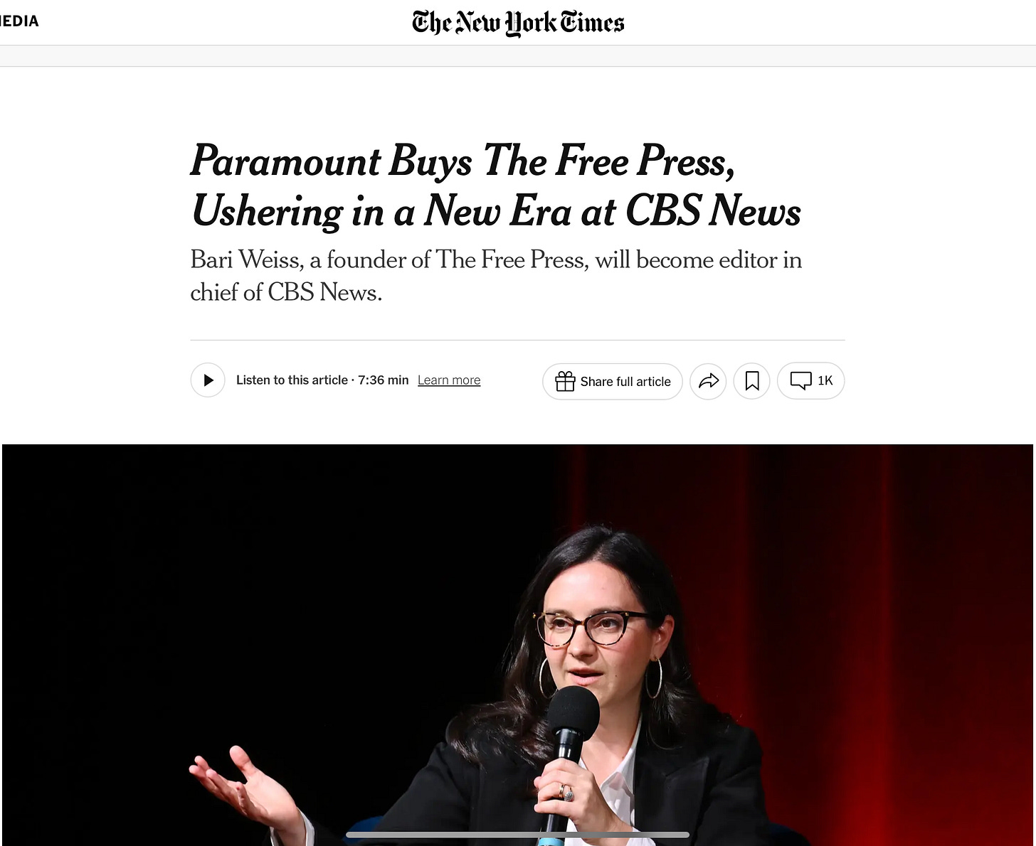 New York Times headline announcing Bari Weiss as new chief of CBS News. New York Times headline announcing Bari Weiss as new chief of CBS News.