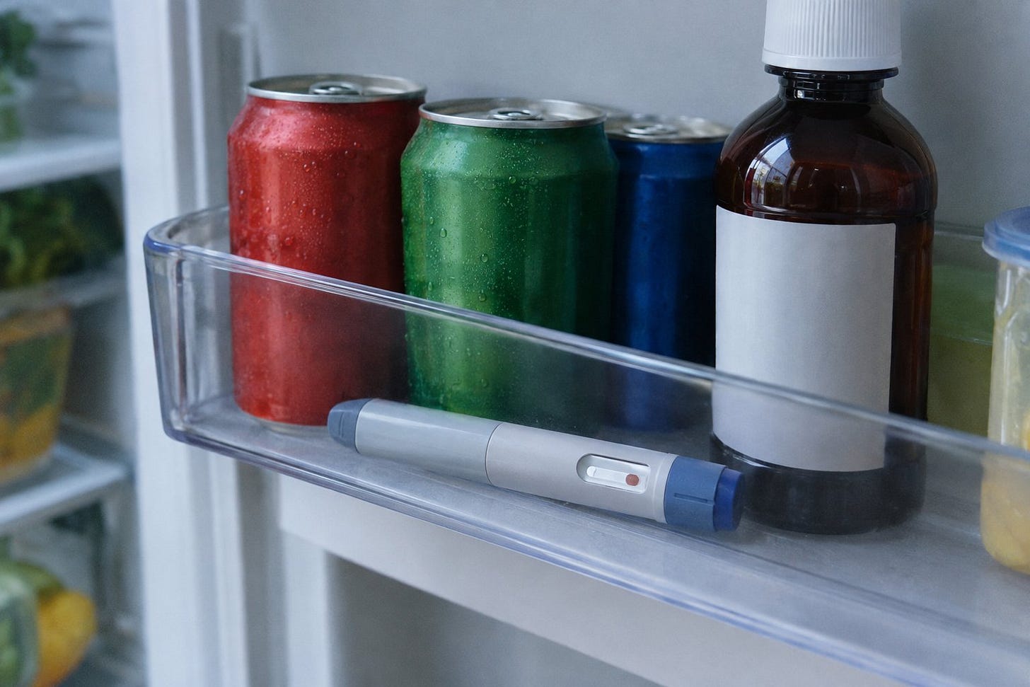 Injection pen in a refrigerator door next to soda cans