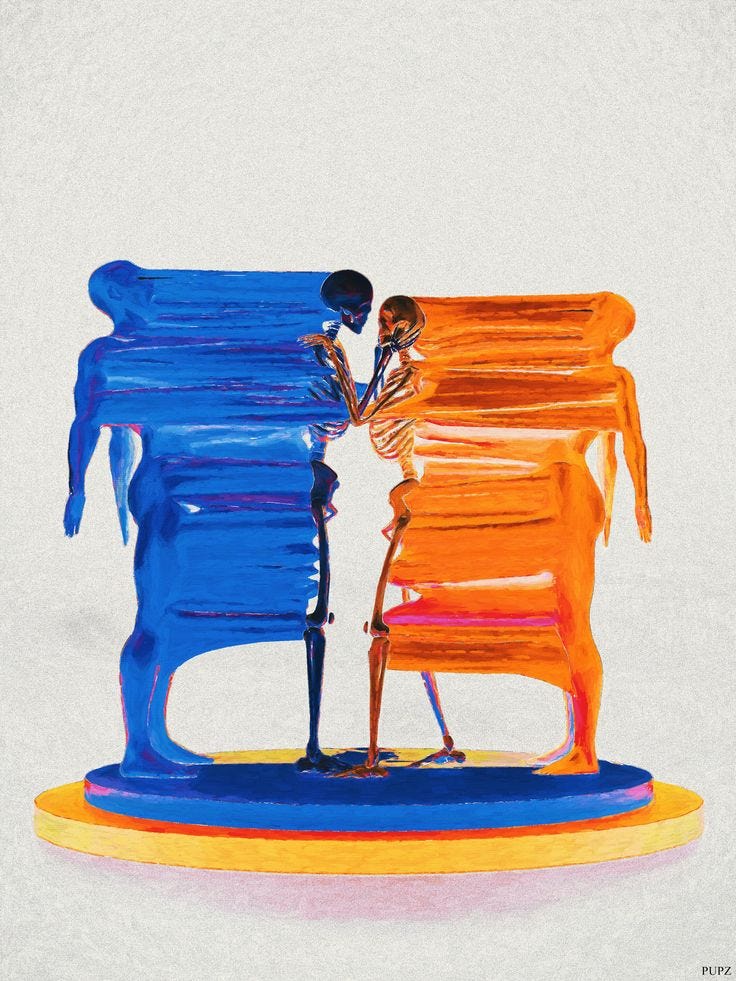 This may contain: a drawing of two people standing next to each other in front of a stack of chairs