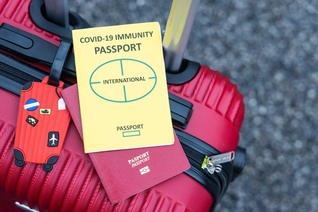 Conceptual Covid-19 Immunity Passport and travel passport on luggage Conceptual Covid-19 Immunity Passport and travel passport on luggage