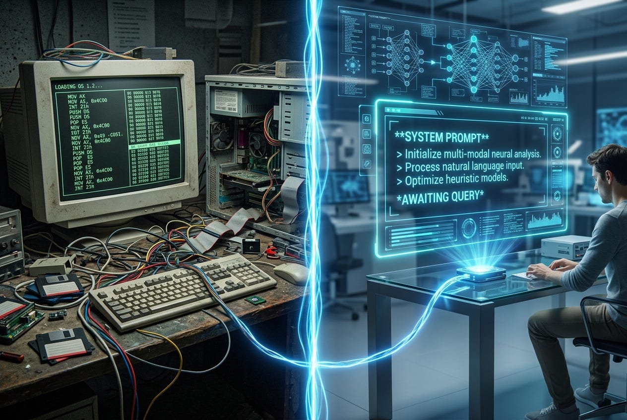 Sự chuyển đổi từ mã máy (0101) sang các dòng System Prompt của AI. Sự chuyển đổi từ mã máy (0101) sang các dòng System Prompt của AI.
