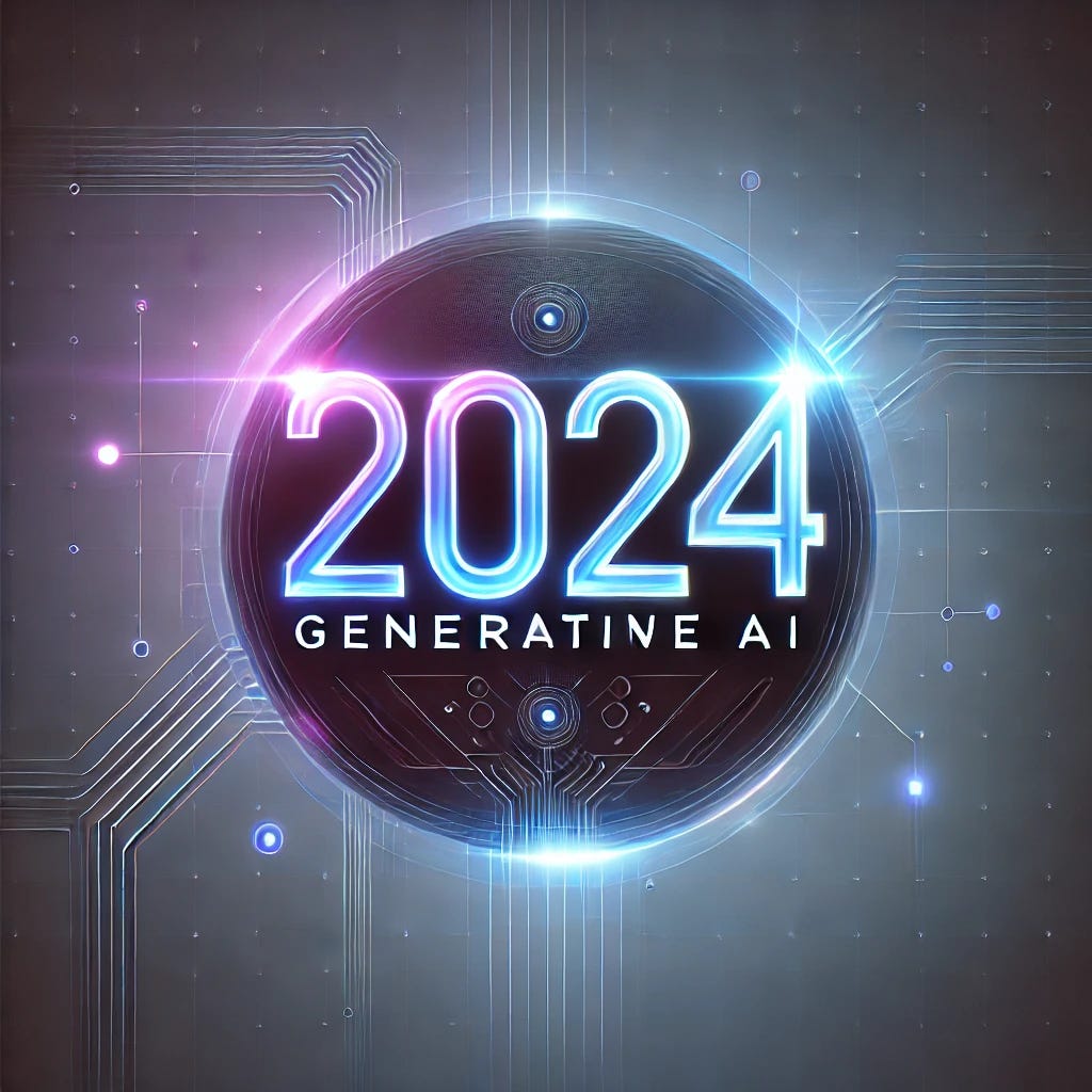 A futuristic and minimalist digital artwork with the text '2024 - Generative AI' as the central focus. The typography is bold, sleek, and highly legible, glowing with a neon blue and purple gradient. The background is a subtle blend of futuristic elements like neural networks, holographic lights, and abstract tech patterns, emphasizing the theme of AI and innovation. The overall composition is clean and modern, with a focus on elegance and high-tech aesthetics.