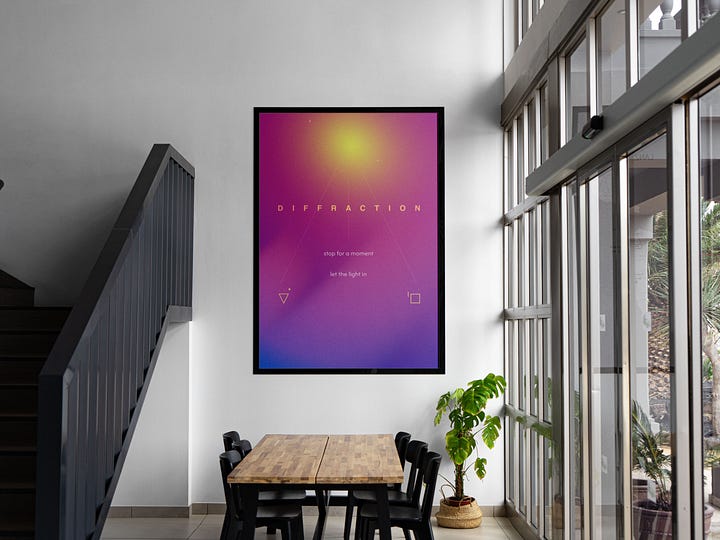 Light-coded poster “Diffraction” hanging in a bright, modern interior, sunlight streaming through tall windows. This sacred design speaks through waves of light and intentional storytelling — a shamanic activation disguised as home decor.