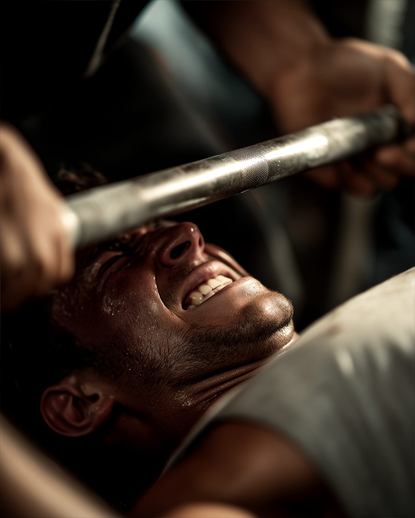 Man do intense barbell bench press eccentrics.