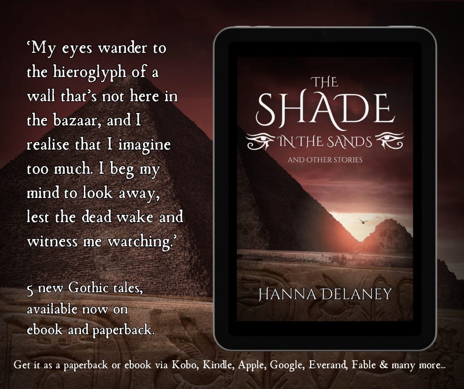 The Shade In The sands is a collection of Egyptian Gothic horror stories inspired by Arthur Conan  Doyle and Anne Rice. each tale is a Gothic horror story surrounding haunted Egyptian artefacts, the mummy's curse or vengeful spirits from Egyptian tombs. Each tale transports you into the height of European Egyptomania. Experience the chills of every haunted tale. This is a short story collection and the image contains a quote from the book as well as the book's cover image. 