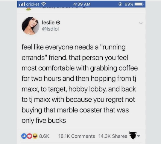 Facebook post about "running errands friends"