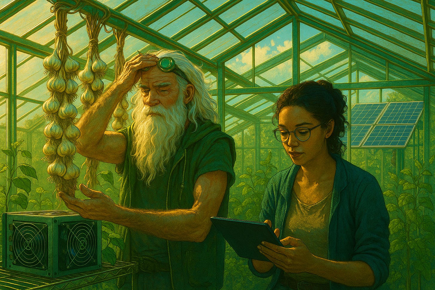 Garlic Suspended In A Solar Punk Greenhouse