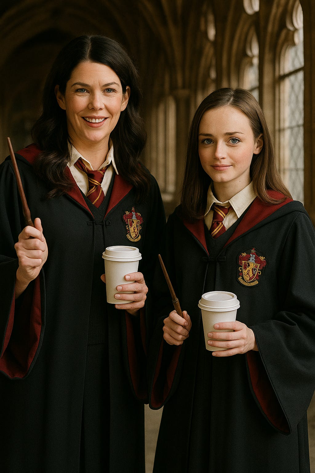 AI-Generated Fan Art Crossover of Lorelai Gilmore and Rory Gilmore attending Hogwarts as students in the Wizarding World of Harry Potter | rmrk*st | Remarkist Magazine