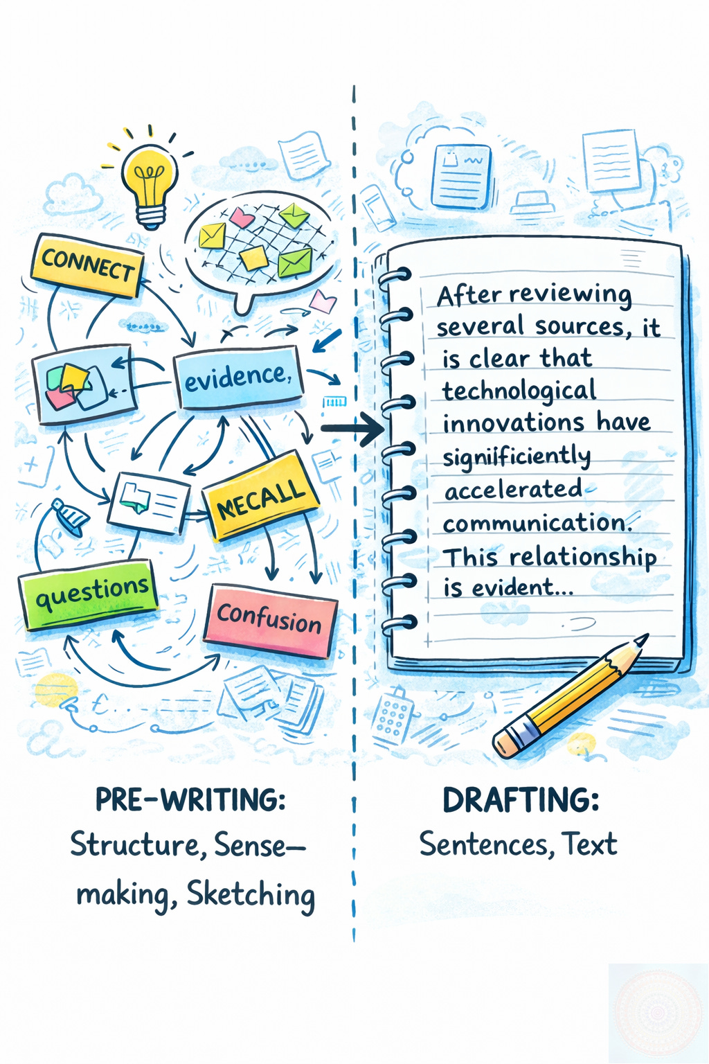 Side-by-side sketch showing a messy mind map turning into a structured paragraph, representing the learning process from raw thought to refined writing.