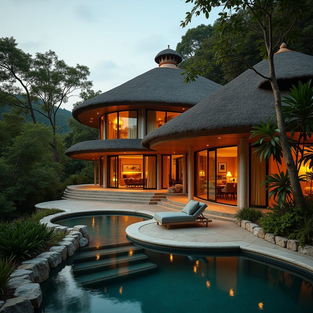 A modern Jamaican and Ghanaian styled home in Jamaica, blending traditional African and colonial influences, with a focus on open spaces, communal living, and harmony with nature. The design incorporates elements reminiscent of traditional African homes, with a seamless fusion of wood, stone, and earthy tones. The architecture is characterized by clean lines, minimalist ornamentation, and an emphasis on natural ventilation. Cinematic lighting casts a warm glow, with deep shadows and rich textures