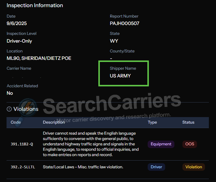Document titled Inspection information with fields for Report Number PAJHOO507, Date 9/10/2025, Level Driver-Only, State WY, location ML Sheridan/DIETZPOE, Carrier Name DIETZPOE, US ARMY as ship name, Accident related No, Violations section, SearchCarriers.com logo, Violation code 383.23-0 described as Driver cannot read and speak the English language sufficiently to converse with the general public marked OOS Equipment OOS, another violation 392.2-LTL State/Local Laws: Misc law violation. Driver Violation.