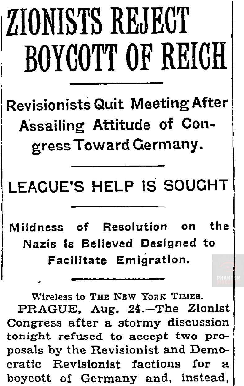 New York Times, August 24, 1933: “Zionists Reject Boycott of Reich.” The report documents the Zionist Congress rejecting boycott proposals against Nazi Germany during the period when the Haavara transfer mechanism was being developed.