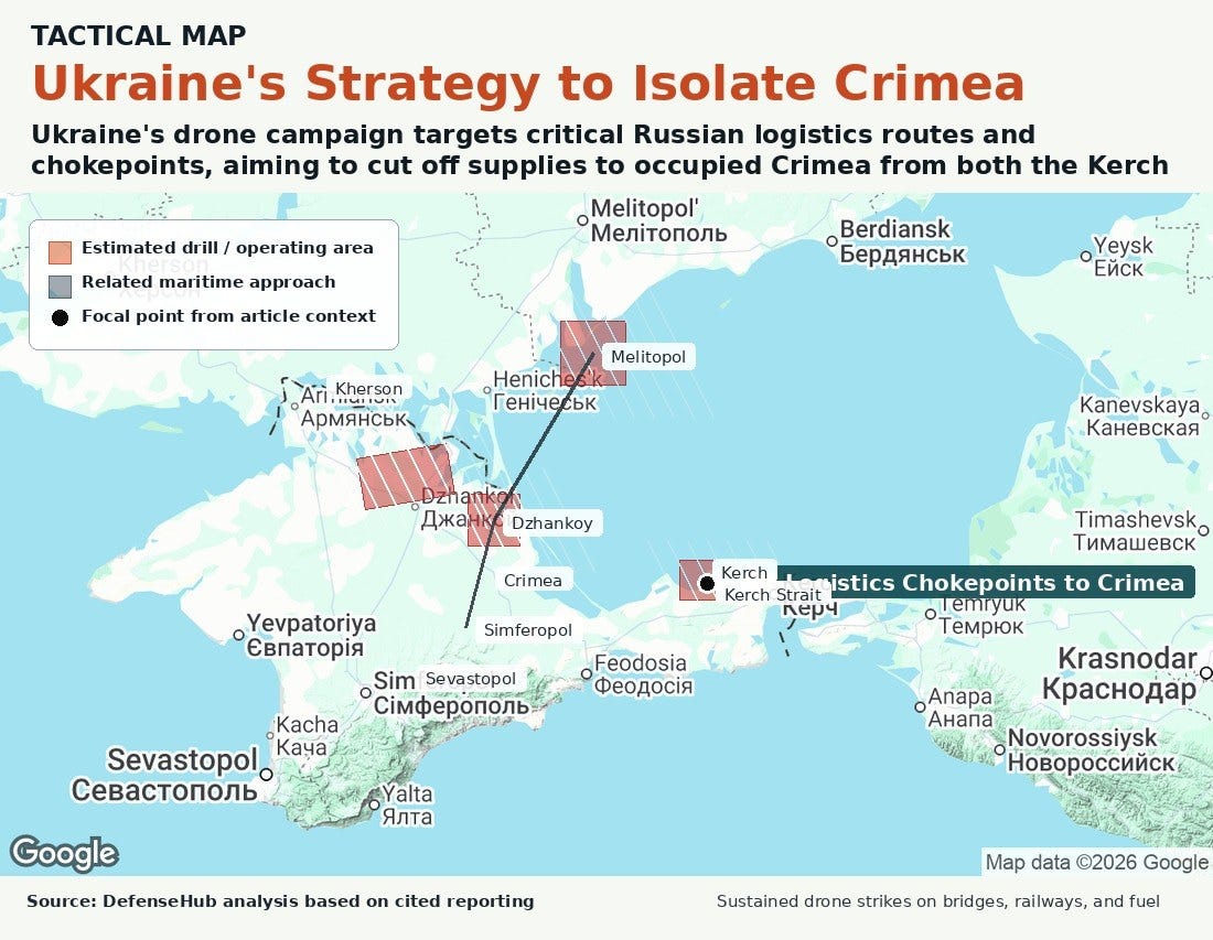 Sustained drone strikes on bridges, railways, and fuel depots aim to sever Crimea's supply lines, creating a logistics lockdown. Sustained drone strikes on bridges, railways, and fuel depots aim to sever Crimea's supply lines, creating a logistics lockdown.