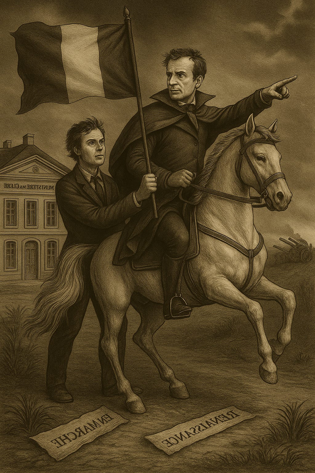 Dramatische Gravur: Macron als Napoleon auf einem sich aufbäumenden Pferd, nach Osten gewandt. Neben ihm Lecornu mit einer französischen Trikolore, vor einem „Ministère de la Guerre“. Am Boden die Worte „En Marche“ und „Renaissance“ auf dem Kopf, ebenso das Ministeriumsschild – als Kulisse des Verteidigungsministeriums.