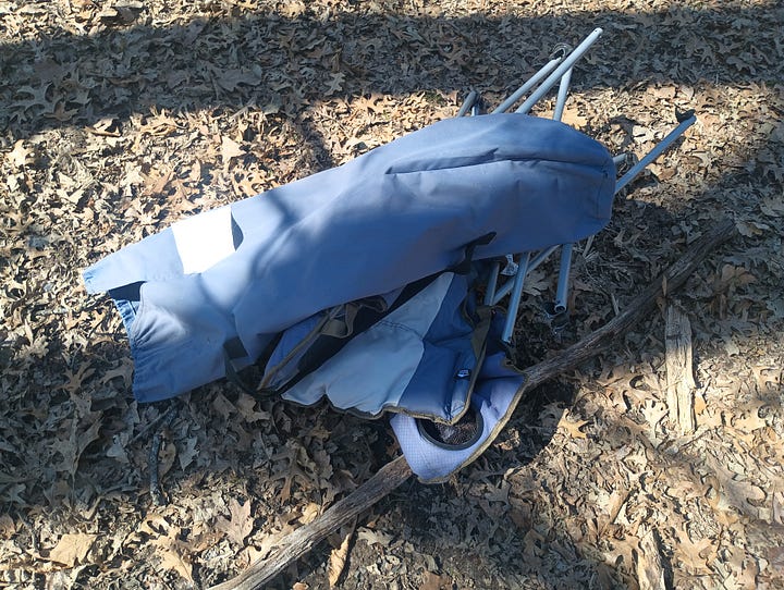 two photos of camp chairs: one unfolded and set up, and one broken