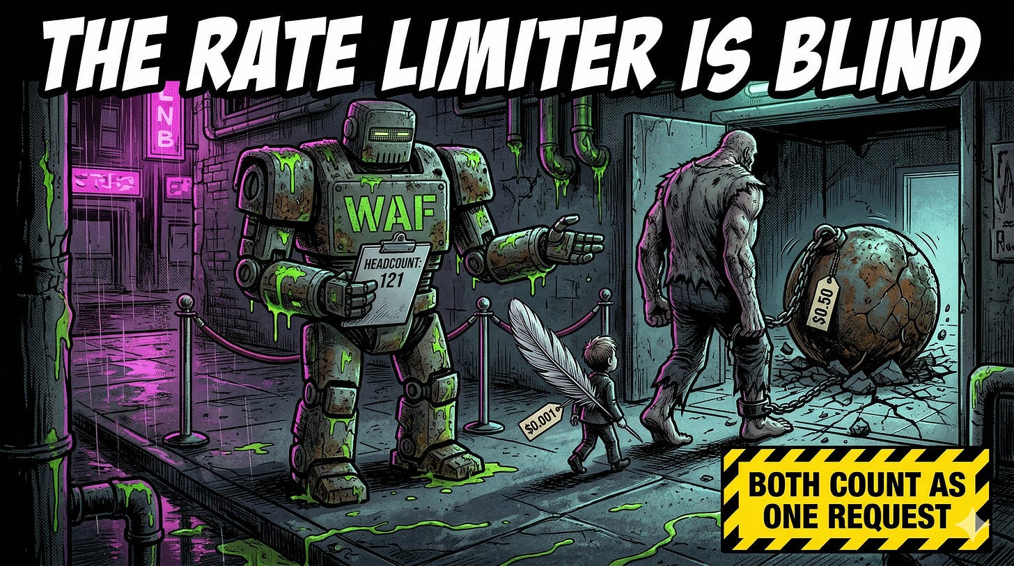Traditional request-based rate limiting versus cost-aware token-based rate limiting comparison for LLM denial of service defense