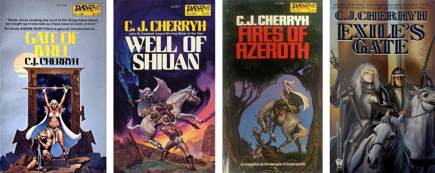 DAW paperback book covers for GATE OF IVREL, WELL OF SHIUAN, FIRES OF AZEROTH, and EXILE’S GATE written by C.J. Cherryh DAW paperback book covers for GATE OF IVREL, WELL OF SHIUAN, FIRES OF AZEROTH, and EXILE’S GATE written by C.J. Cherryh