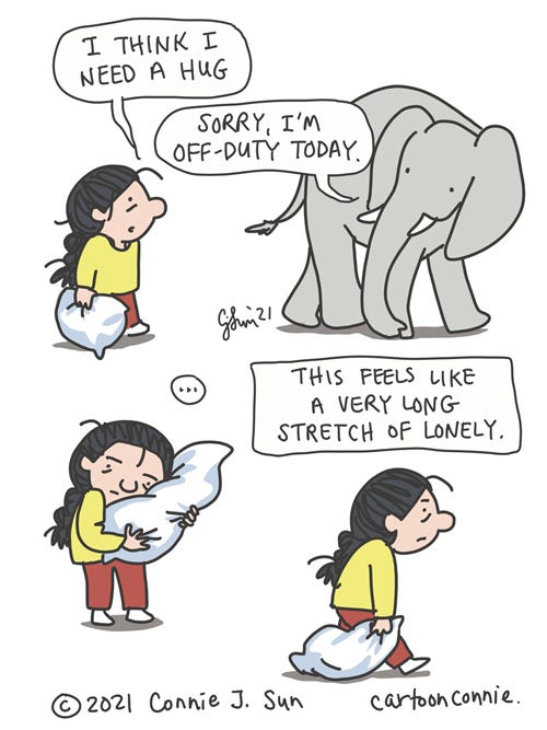 Sketchbook cartoon about feeling alone and loneliness, elephant comic strip, illustration by Connie Sun, cartoonconnie