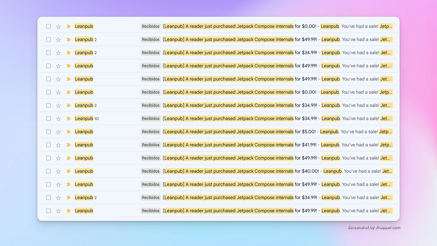 Course revenue screenshot showing $200k total revenue from Jetpack Compose course sales