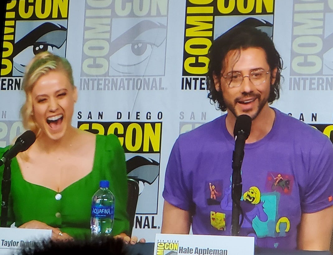 Magicians Hale Appleman Olivia Dudley laughing at comic con panel 2019