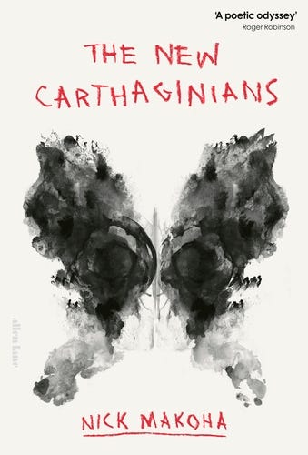 Book covers The New Carthaginians by Nick Makoha, The Home Child by Liz Berry, The Gender of Sound by Anne Carson, In the Lily Room by Erica Hesketh, Quartet for the End of Time by Michael Symmons Roberts, Matrescence by Lucy Jones