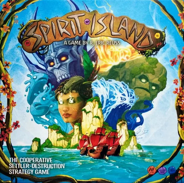 Box art of Spirit Island. Fantastical spirits loom over a rocky island as galleons approach by sea.