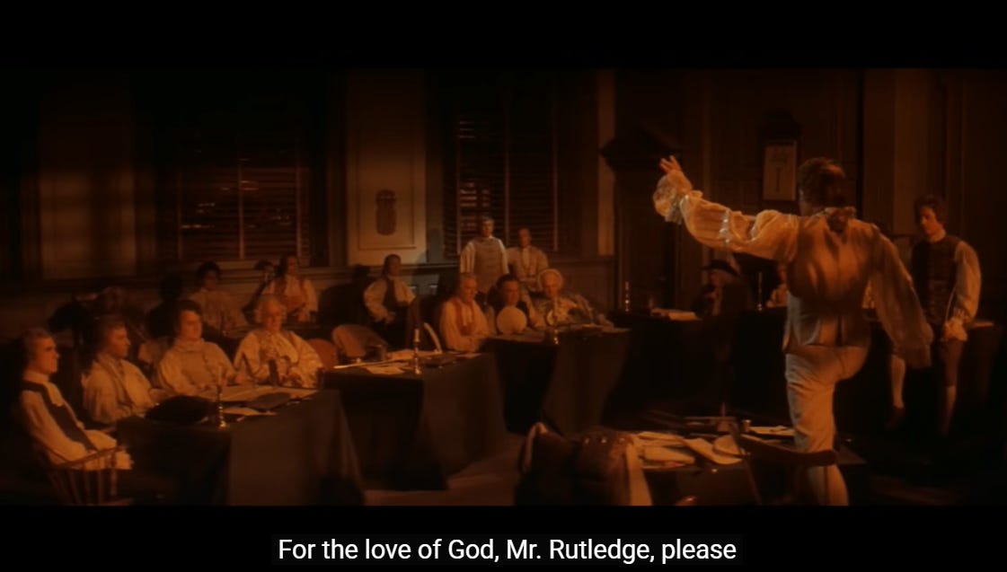 Image from 1776, the 1972 film directed by Peter Hunt. The text is a quote from delegate Barlett speaking to delegate Rutledge and reads, "For the love of God, Mr. Rutledge, please" Image from 1776, the 1972 film directed by Peter Hunt. The text is a quote from delegate Barlett speaking to delegate Rutledge and reads, "For the love of God, Mr. Rutledge, please"
